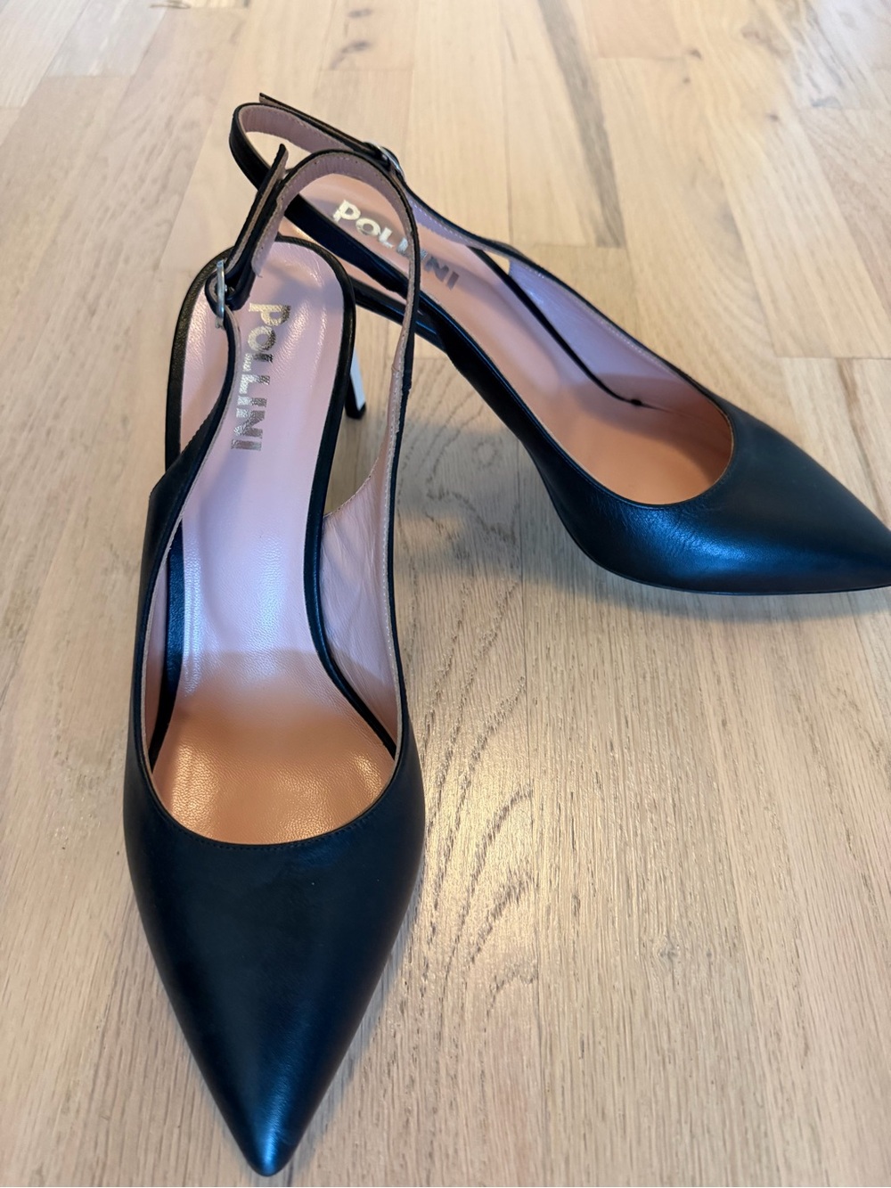 Pollini Black NEW Pointed Leather Slingback Heels (NWOT)